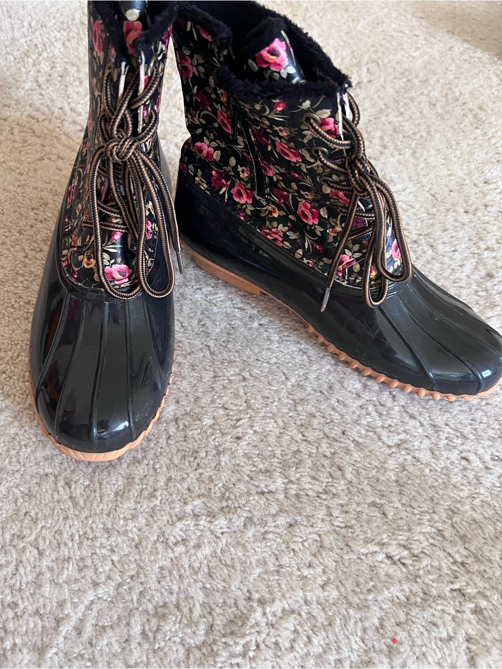 Sporto Brown Rubber with Pink Floral Lace-Up Rain & Snow Boots Women 9 GUC - Picture 12 of 12